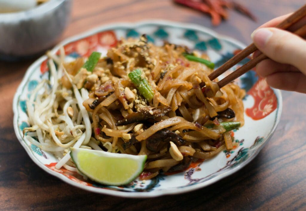 Vegan pad thai with chopsticks