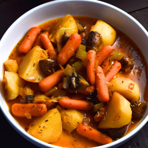 vegan pot roast in a white bowl